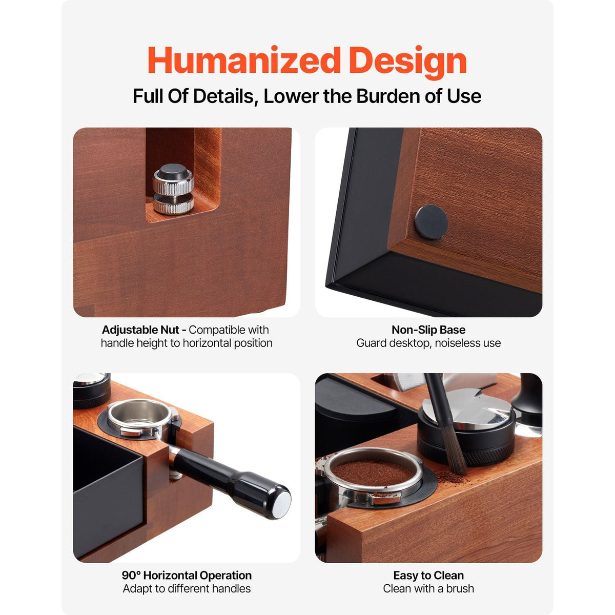 Espresso Tamping Station, Sapele Wood, 9-in-1 Multifunctional Tamping Station with Detachable Slot, Easy to Clean Espresso Knock Box with Non-Slip Base, Fits for 51-58 mm Handles