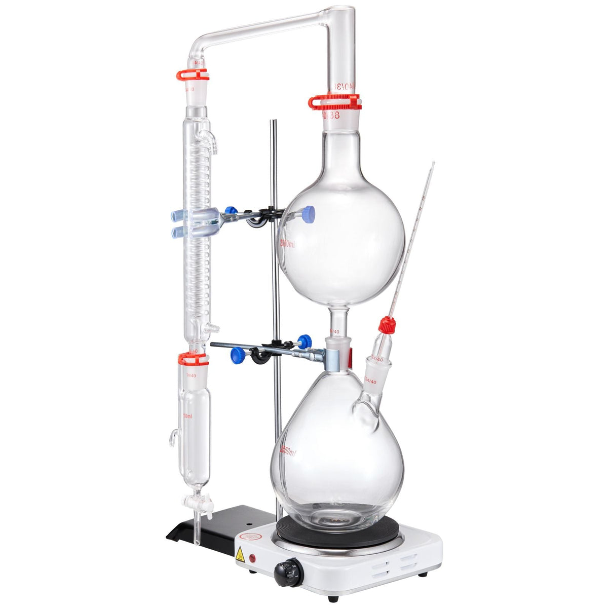 Essential Oil Distillation Kit, 2000ml Distillation Apparatus, 3.3 Boro Lab Glassware Distillation Kit with 1000W Heating Plate and 24, 40 Joint, 28 pcs Set