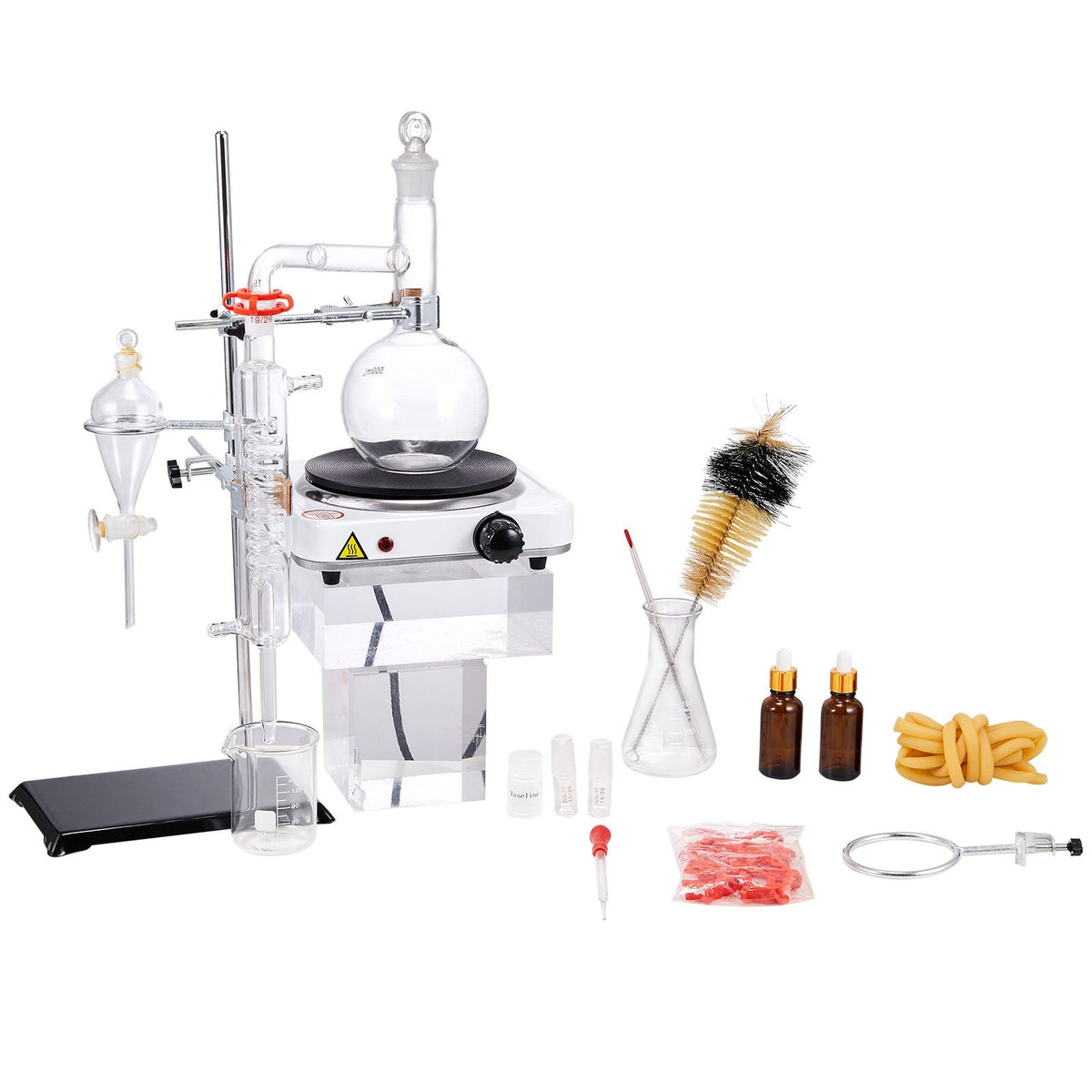 Essential Oil Distillation Kit, 500ml Distillation Apparatus, 3.3 Boro Lab Glassware Distillation Kit with 1000W Heating Plate and 24, 40 Joint, 33 pcs Set