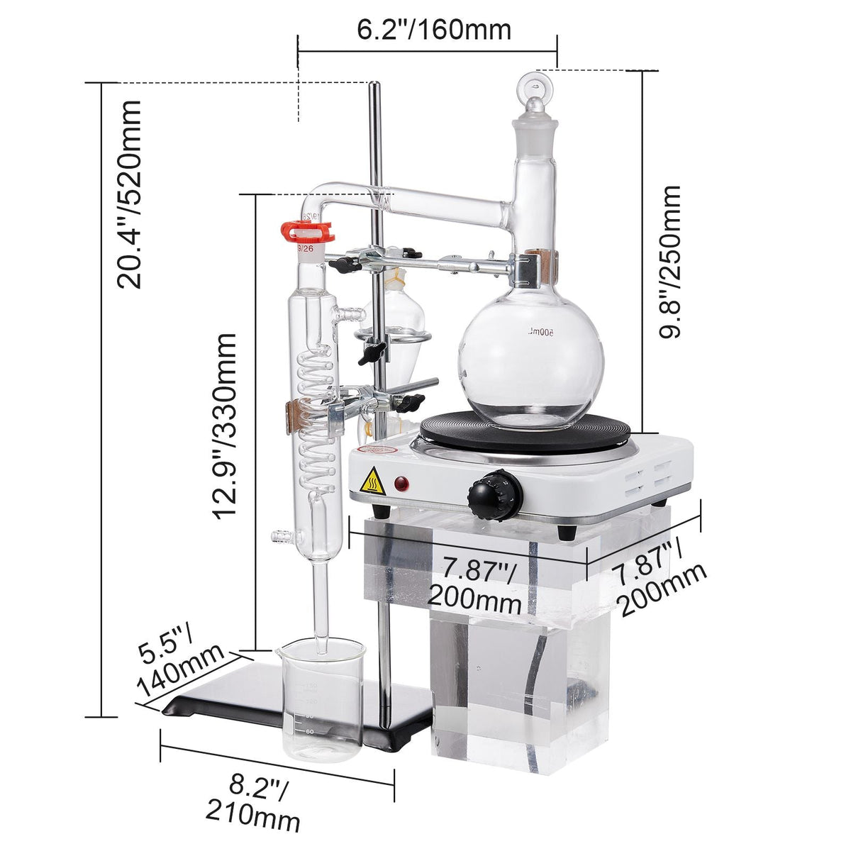 Essential Oil Distillation Kit, 500ml Distillation Apparatus, 3.3 Boro Lab Glassware Distillation Kit with 1000W Heating Plate and 24, 40 Joint, 33 pcs Set