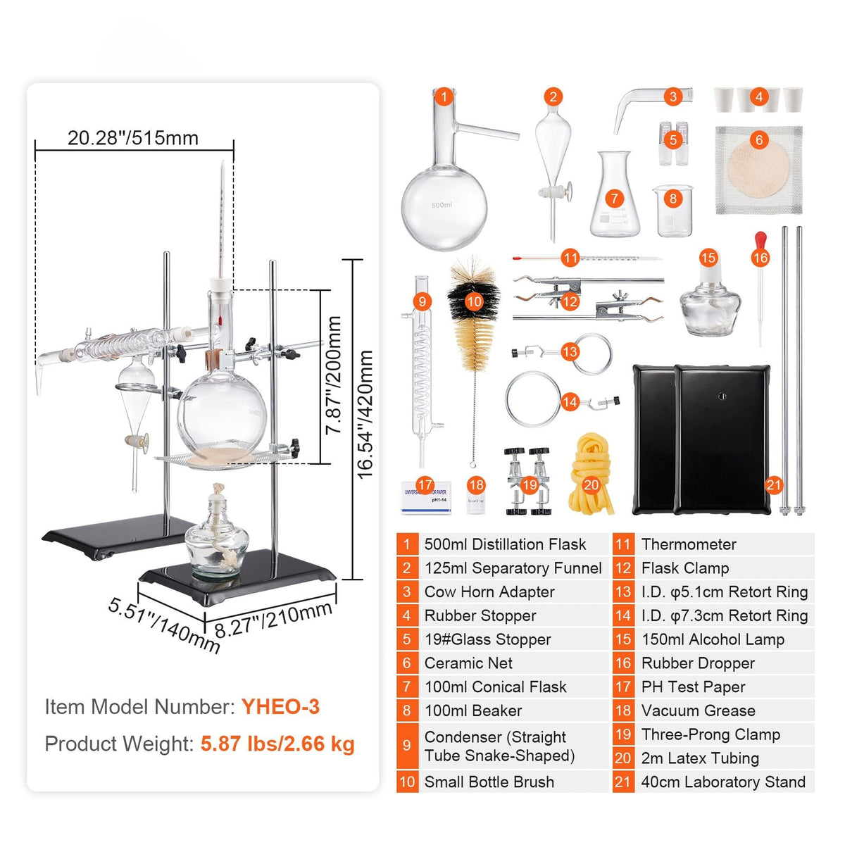 Essential Oil Distillation Kit, 500ml Distillation Apparatus, 3.3 Boro Lab Glassware Distillation Kit with Alcohol Lamp, Ceramic Mesh and 24, 40 Joint, 28 pcs Set