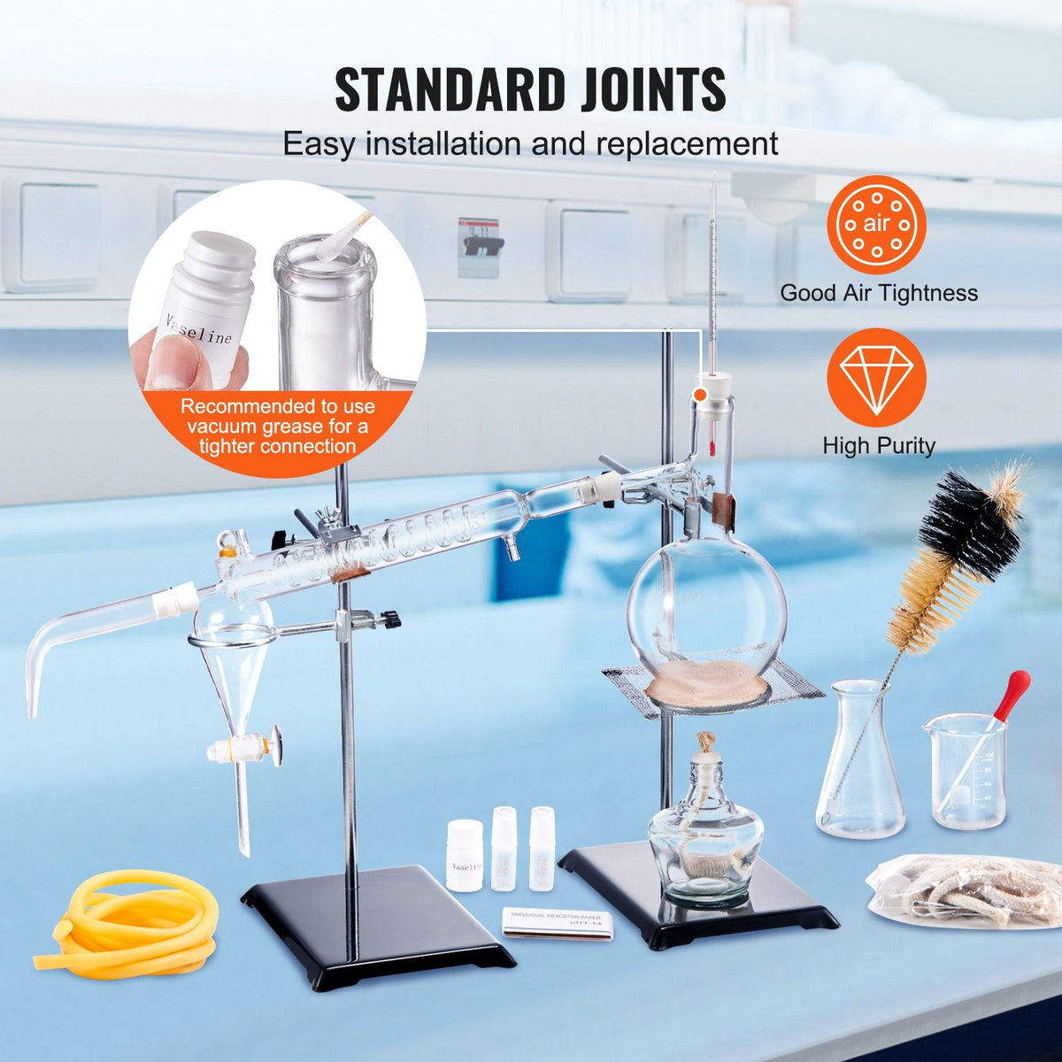 Essential Oil Distillation Kit, 500ml Distillation Apparatus, 3.3 Boro Lab Glassware Distillation Kit with Alcohol Lamp, Ceramic Mesh and 24, 40 Joint, 28 pcs Set