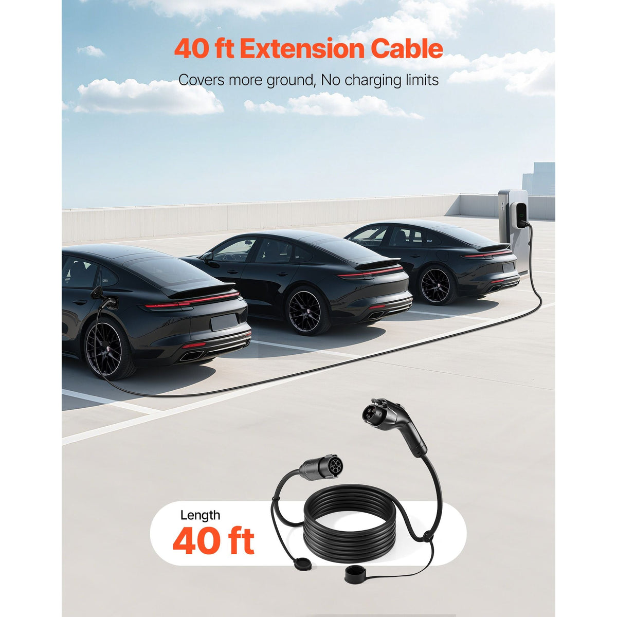 EV Charger Extension Cable, 32Amp 40 ft J1772 Extension Cord Compatible with 120V-240V SAE J1772 Electric Vehicle Chargers, Level 1/Level 2 IP66 Heavy Duty Car Charging Cable with Carrying Bag
