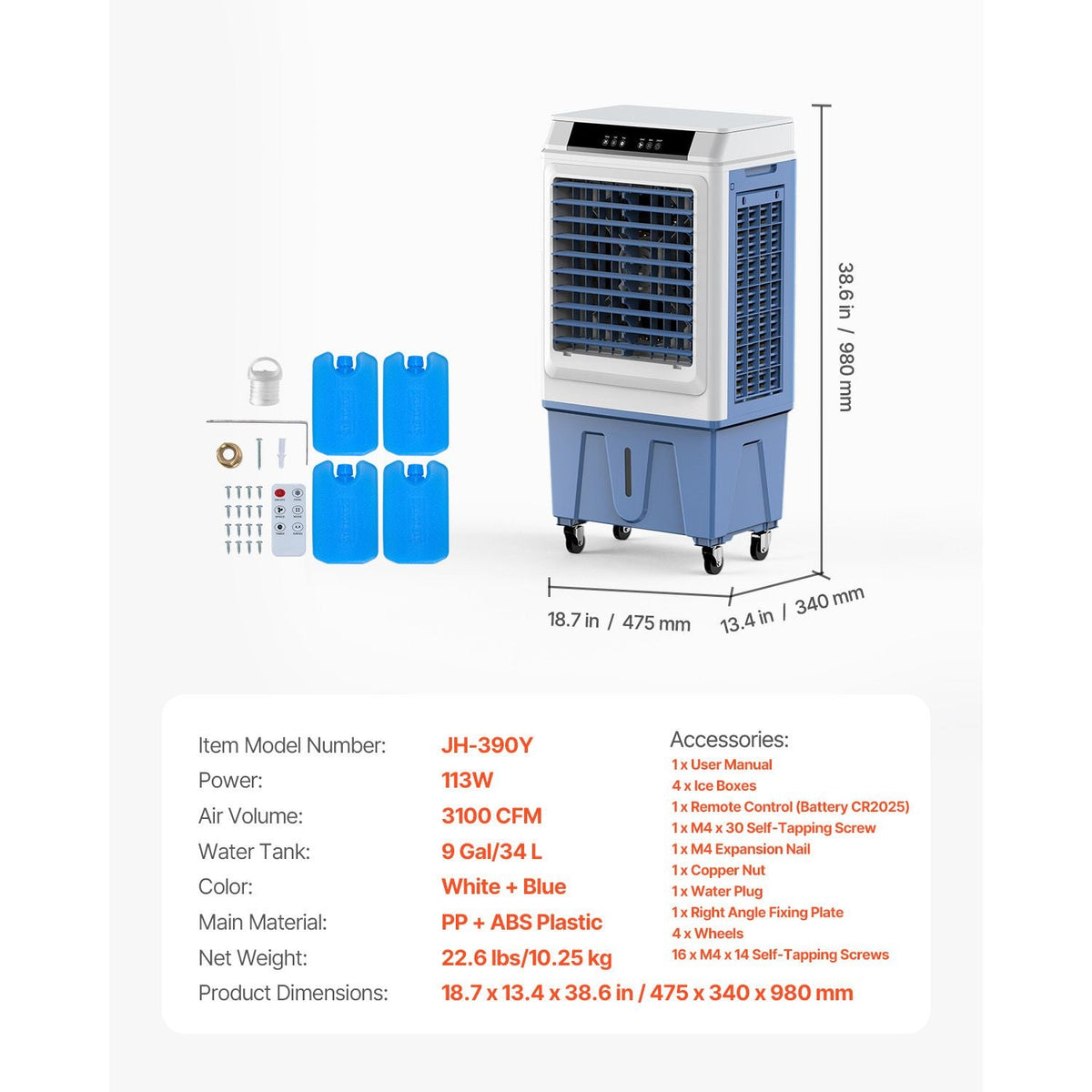 Evaporative Air Cooler, 3100 CFM with 9 Gallon Water Tank Swamp Cooler, Portable Cooling Fan with Remote Control, 12H Timer, 4 Ice Boxes, Quiet Operation, 3 Wind Speeds for Outdoor Indoor Use