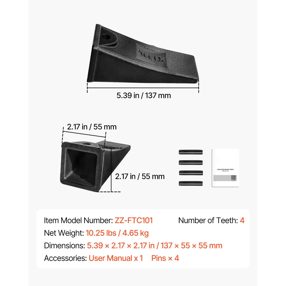 Excavator Bucket Teeth with Pins, 4 Pack X156L Bucket Tooth Set for Smooth & Efficient Excavation, Heavy Duty 5.3 in Long Digging Buckets Teeth Replacement for Skid Steer & Mini Excavator