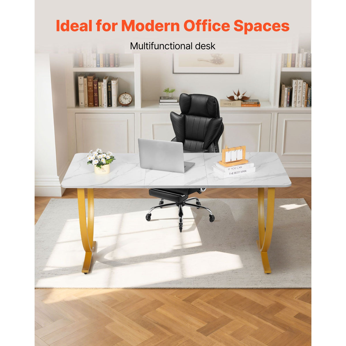 Executive Desk, 63" W x 31.5" D Large Office Desk, Modern Computer Table Conference Meeting Room Table, Business Furniture Enlarged Desktop for Home Office, White and Gold