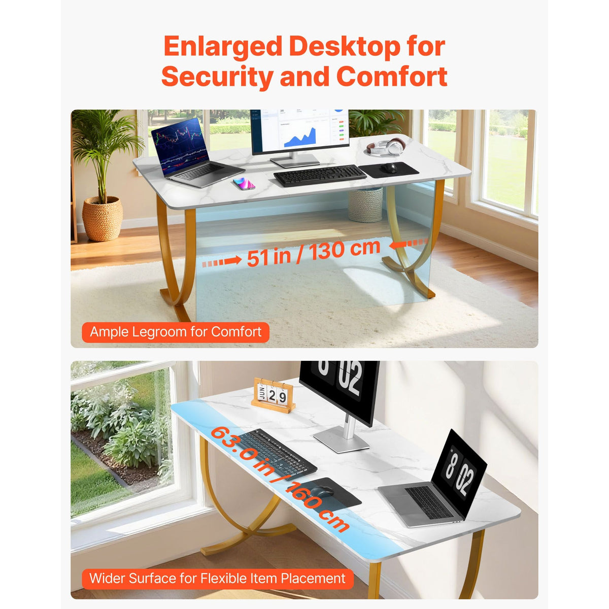 Executive Desk, 63" W x 31.5" D Large Office Desk, Modern Computer Table Conference Meeting Room Table, Business Furniture Enlarged Desktop for Home Office, White and Gold