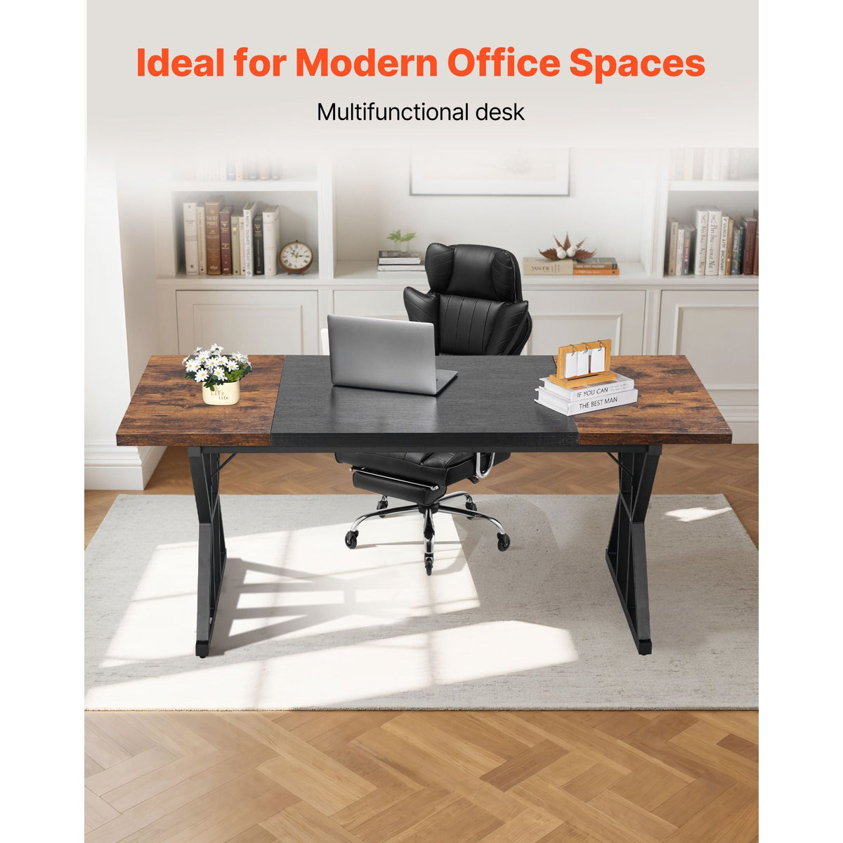 Executive Desk 70.9 x 31.5 inch, Large Computer Desk PC Workstation for Home Office, Modern Simple Wood Laptop Study Writing Table Metal Frame Business Furniture, Rustic Brown and Black