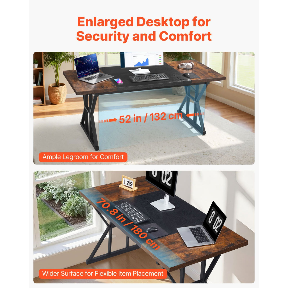 Executive Desk 70.9 x 31.5 inch, Large Computer Desk PC Workstation for Home Office, Modern Simple Wood Laptop Study Writing Table Metal Frame Business Furniture, Rustic Brown and Black