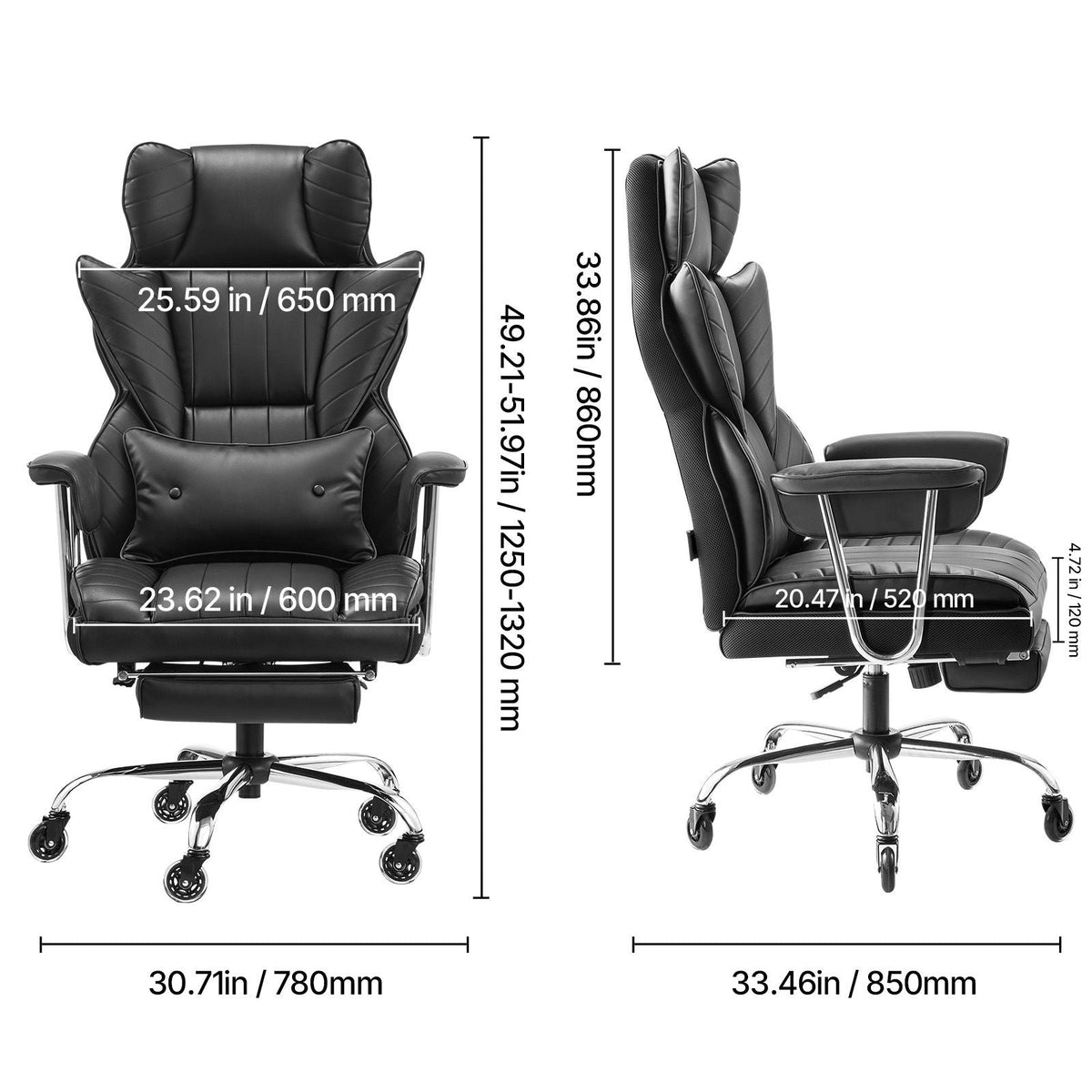 Executive Office Chair with Footrest, 400lb Capacity Office Chair with Lumbar Pillow & Removable Armrests, Heavy Duty Ergonomic Chair, PU Leather Reclining Home Office Desk Chairs, Black