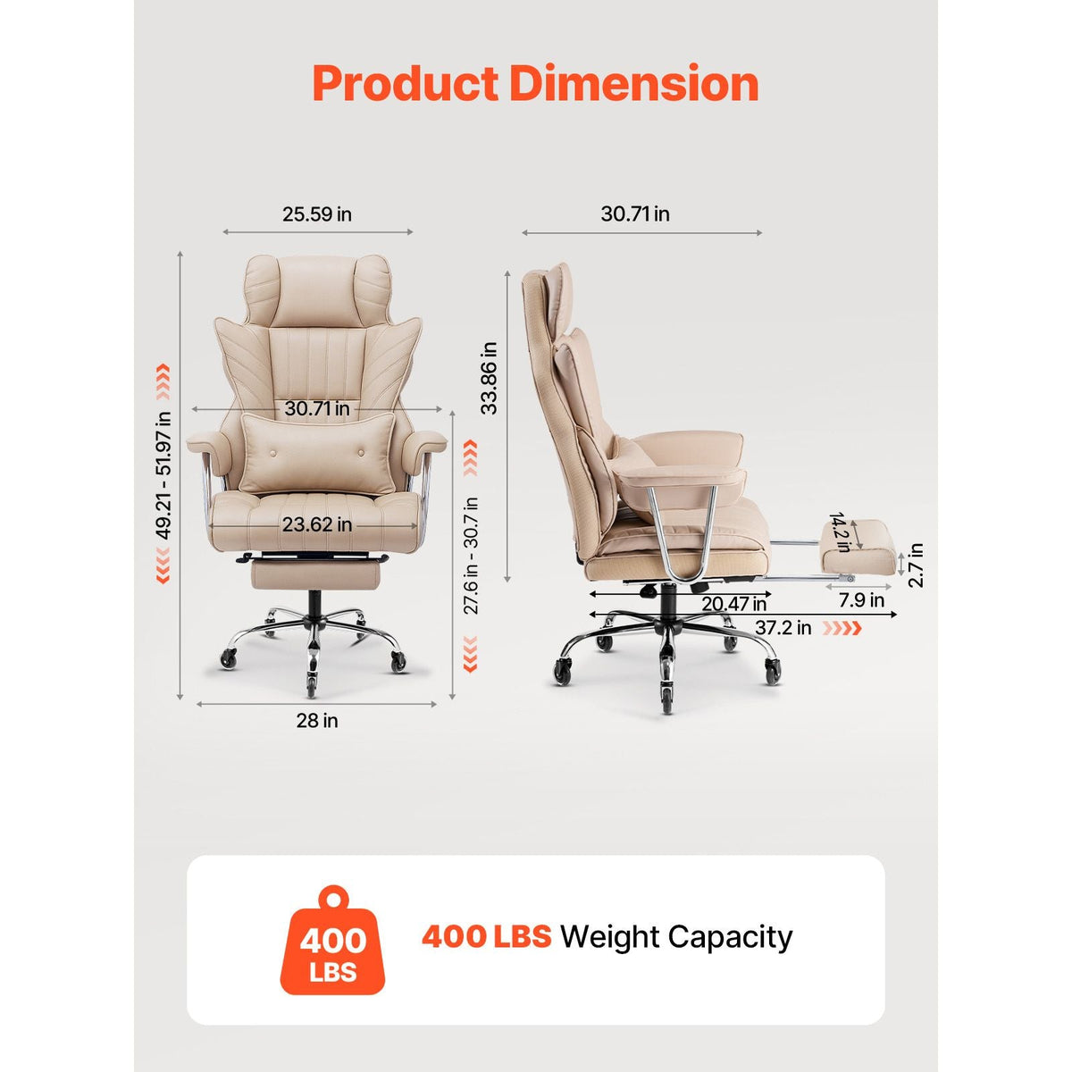 Executive Office Chair with Footrest, 400lb Capacity Office Chair with Lumbar Pillow & Removable Armrests, Heavy Duty Ergonomic Chair, PU Leather Reclining Home Office Desk Chairs, Brown