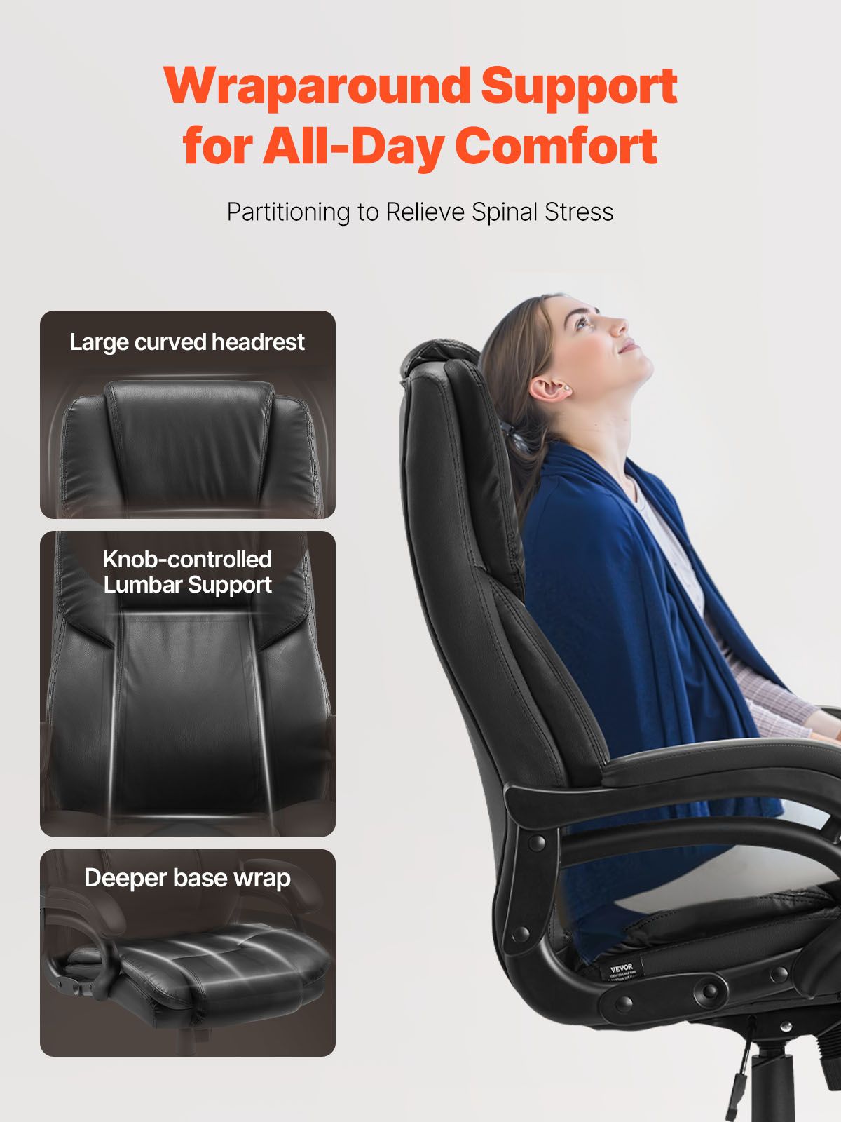 Executive Office Chair with Knob-Control Lumbar Support, 500lb Capacity Office Chair, Heavy Duty Ergonomic Chair, Height Adjustable PU Leather Reclining Home Office Desk Chairs, Black
