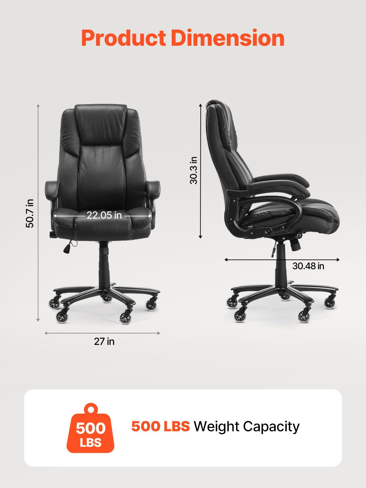 Executive Office Chair with Knob-Control Lumbar Support, 500lb Capacity Office Chair, Heavy Duty Ergonomic Chair, Height Adjustable PU Leather Reclining Home Office Desk Chairs, Black