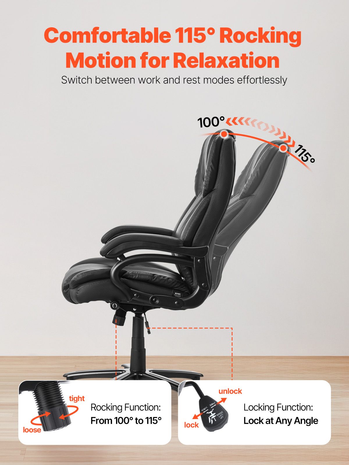 Executive Office Chair with Knob-Control Lumbar Support, 500lb Capacity Office Chair, Heavy Duty Ergonomic Chair, Height Adjustable PU Leather Reclining Home Office Desk Chairs, Black