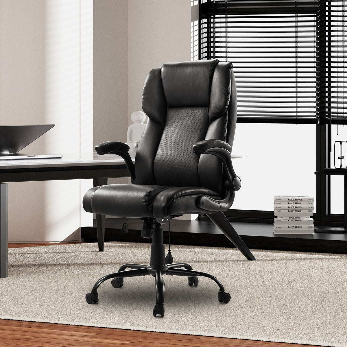 Executive Office Chair with Lumbar Support, 300lb Capacity Office Chair with Flip-up Armrests & Lumbar Pillow, Height Adjustable Ergonomic Chair, PU Leather Reclining Home Office Desk Chairs