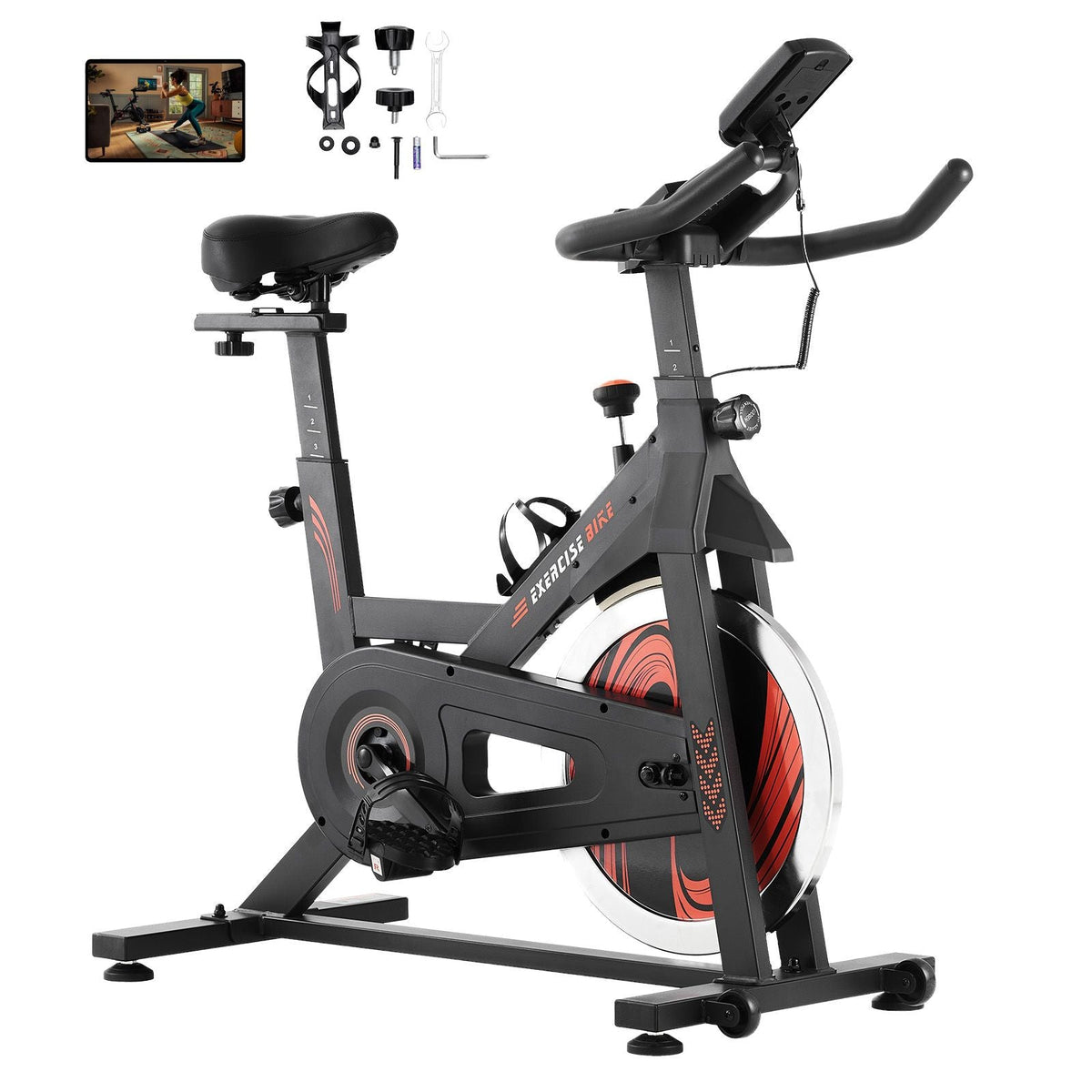 Exercise Bike, Adjustable Stationary Bike, Indoor Cycling Bike for Home Cardio, Workout Bike with Silent Belt Drive, Comfortable Seat Cushion, LCD Monitor, and Heavy Flywheel