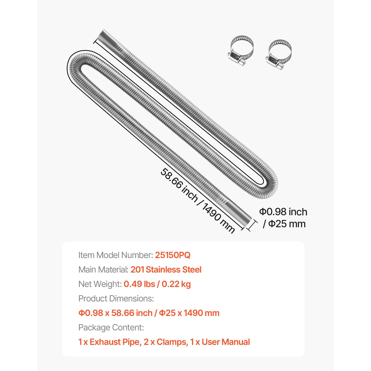 Exhaust Hose, 58.7 inch Stainless Steel Exhausts Hose, Diesel Heater Flexible Exhaust Pipe with 2 Hose Clamps, Exhausts Hoses Kit Diesel Heater Accessories for 2KW 5KW 8KW Diesels Heaters