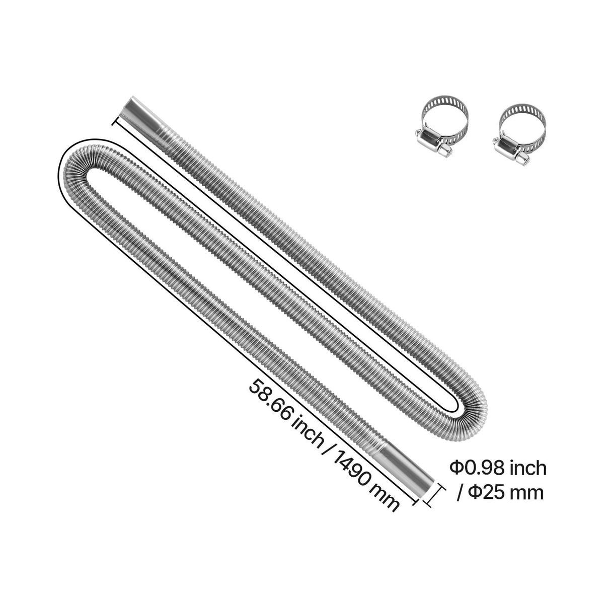Exhaust Hose, 58.7 inch Stainless Steel Exhausts Hose, Diesel Heater Flexible Exhaust Pipe with 2 Hose Clamps, Exhausts Hoses Kit Diesel Heater Accessories for 2KW 5KW 8KW Diesels Heaters