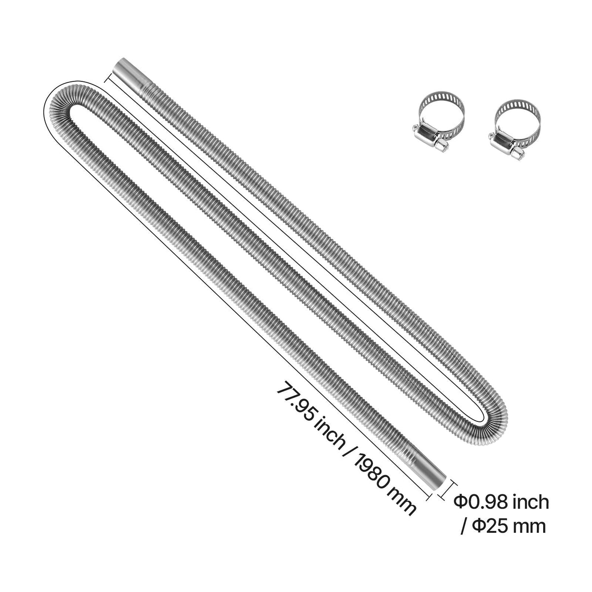 Exhaust Hose, 77.95 inch Stainless Steel Exhausts Hose, Diesel Heater Flexible Exhaust Pipe with 2 Hose Clamps, Exhausts Hoses Kit Diesel Heater Accessories for 2KW 5KW 8KW Diesels Heaters