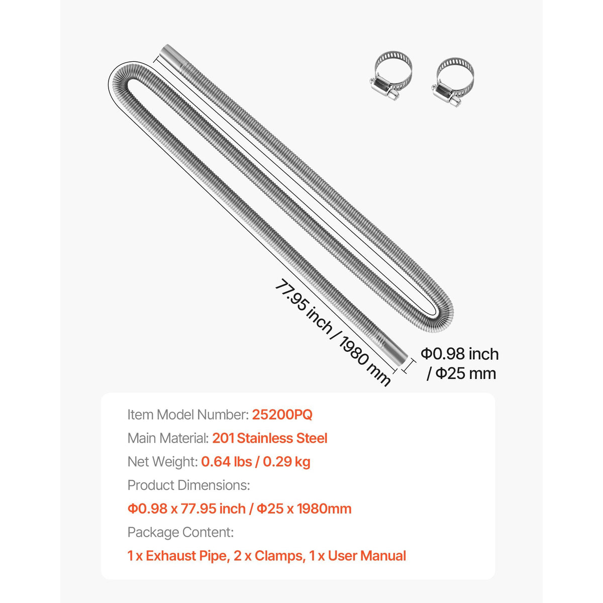 Exhaust Hose, 77.95 inch Stainless Steel Exhausts Hose, Diesel Heater Flexible Exhaust Pipe with 2 Hose Clamps, Exhausts Hoses Kit Diesel Heater Accessories for 2KW 5KW 8KW Diesels Heaters