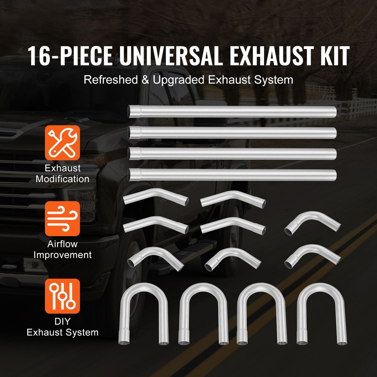 Exhaust Kit, 16pcs, DIY Universal Galvanized Steel Exhaust Kit with Slip-Fit Joint & Large Exhaust Tube, Rust-Proof Exhaust Pipe for Exhaust System, Fit for Garage/Auto Repair Store/4S Store