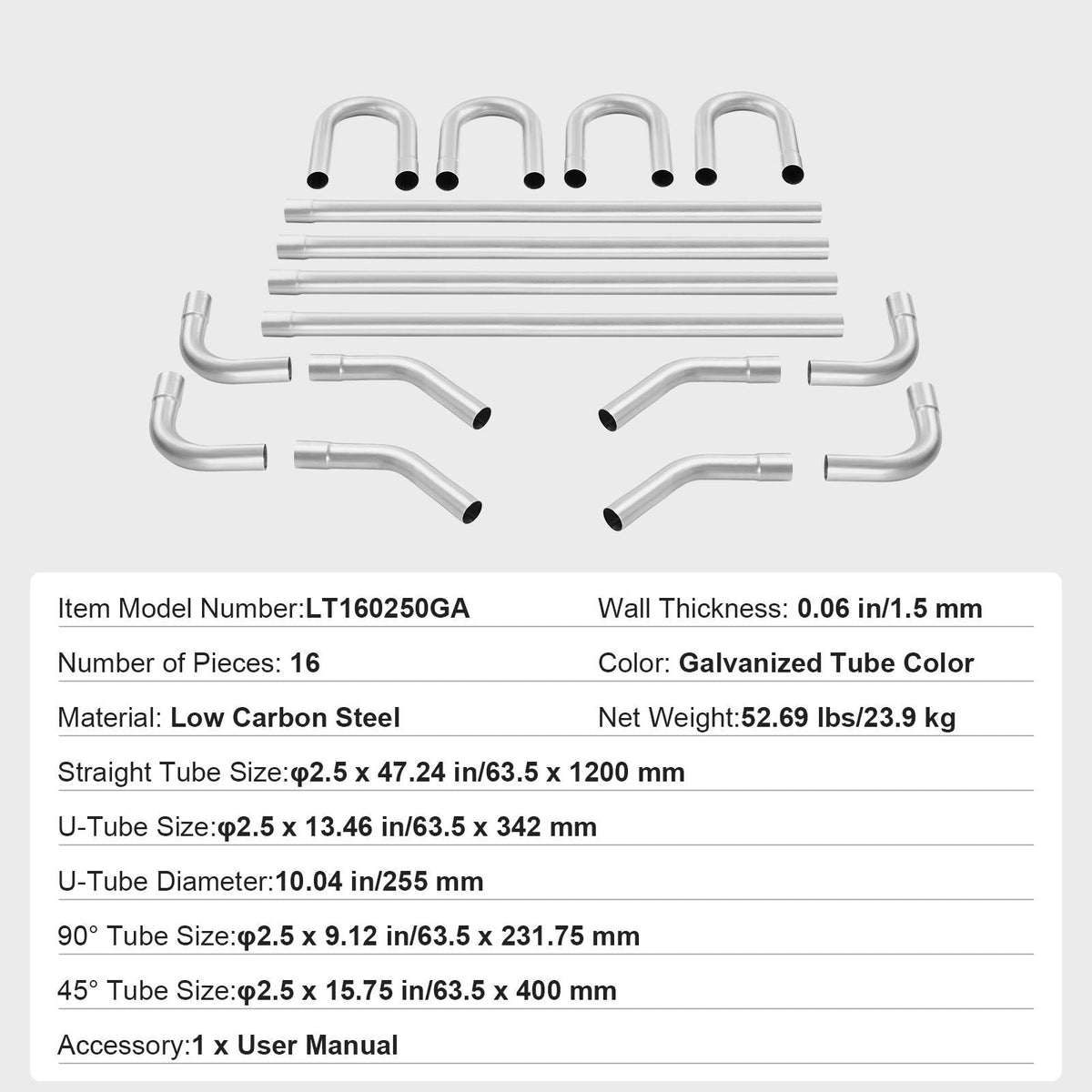 Exhaust Kit, 16pcs, DIY Universal Galvanized Steel Exhaust Kit with Slip-Fit Joint & Large Exhaust Tube, Rust-Proof Exhaust Pipe for Exhaust System, Fit for Garage/Auto Repair Store/4S Store
