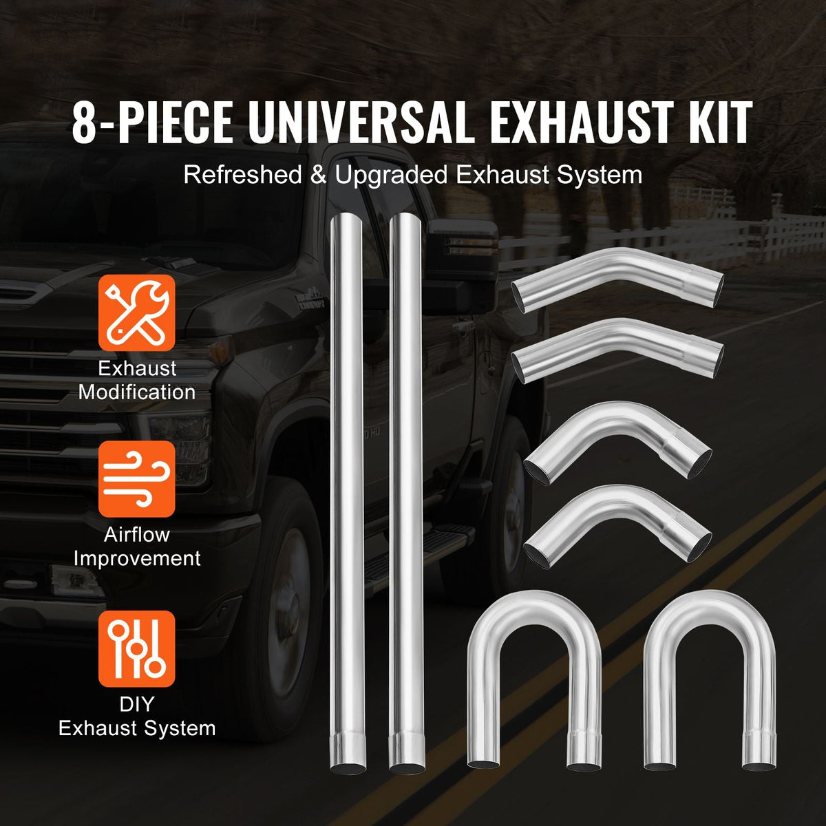 Exhaust Kit, 8 Pieces, DIY Universal Galvanized Steel Exhaust Kit with Slip-Fit Joint & Large Exhaust Tube, Rust-Proof Exhaust Pipe for Exhaust System, Fit for Garage/Auto Repair Store/4S Store