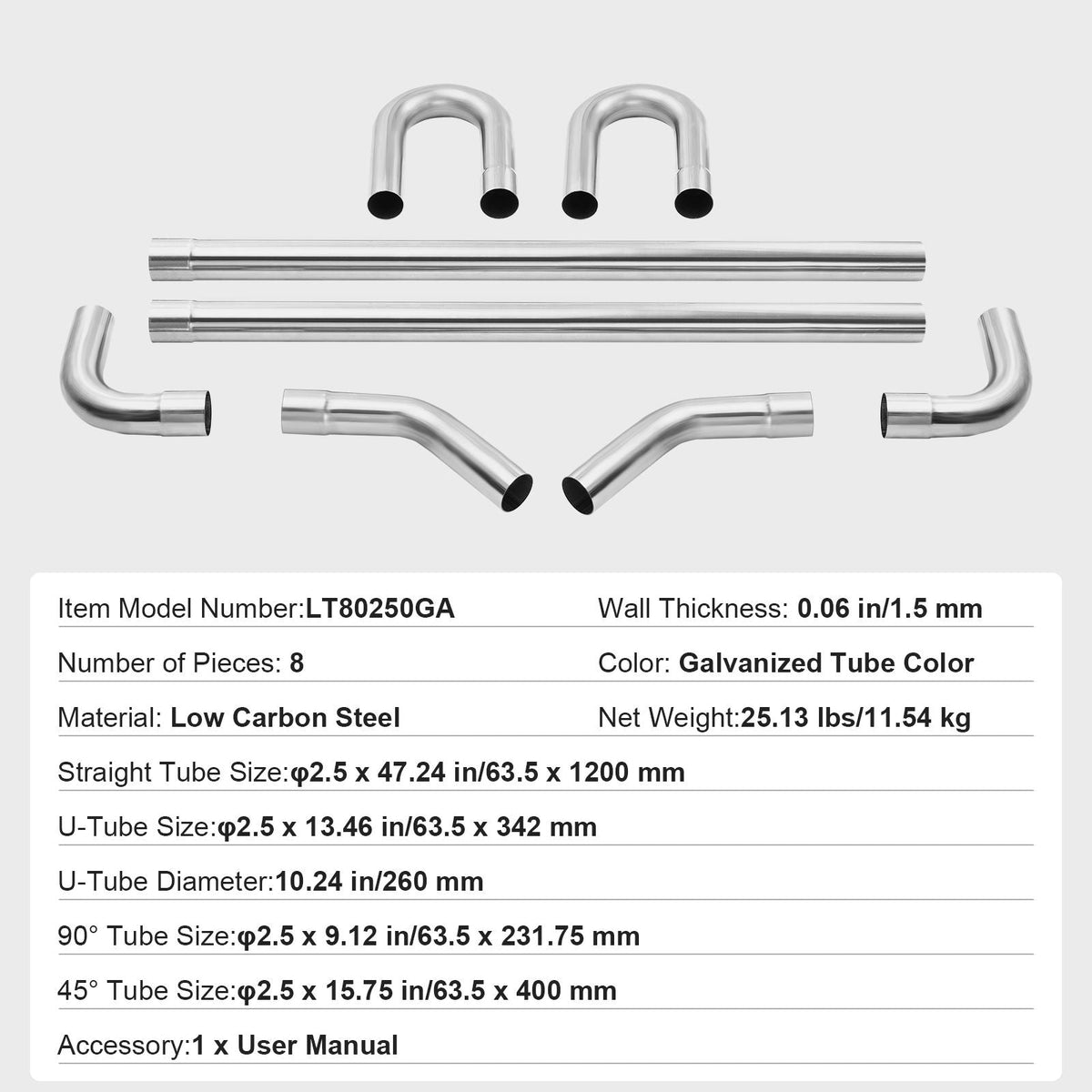 Exhaust Kit, 8 Pieces, DIY Universal Galvanized Steel Exhaust Kit with Slip-Fit Joint & Large Exhaust Tube, Rust-Proof Exhaust Pipe for Exhaust System, Fit for Garage/Auto Repair Store/4S Store
