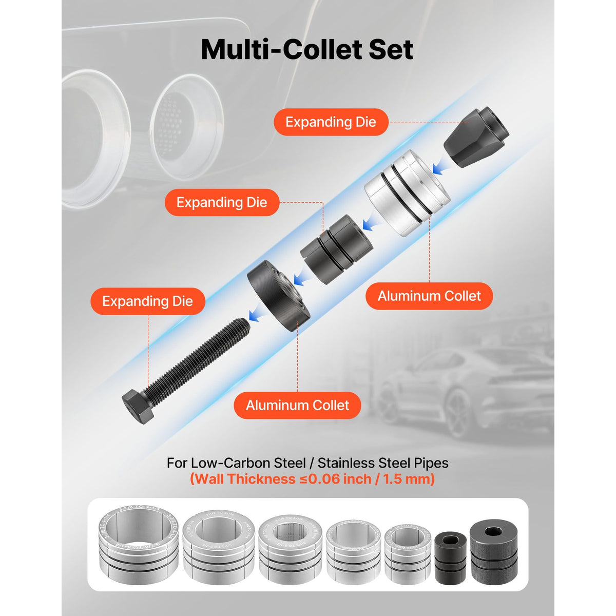 Exhaust Pipe Expander Tool Kit, 1-5/8" to 4-1/4" Exhaust Pipe Stretcher, Muffler Pipes Spreader with 7 Heavy-Duty Collects & Storage Case, Automotive Car Tool Kit for Tailpipes Tubes