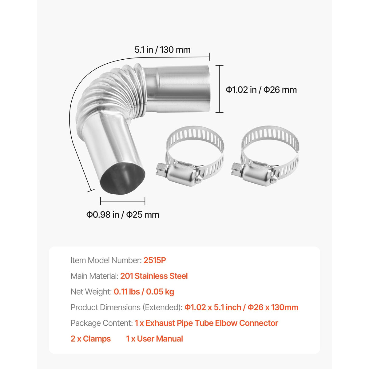 Exhaust Pipe Tube Elbow Connector, 0.98 inch Diesel Heater Exhaust Elbow, Air Parking Heater Exhausts Pipe Tube Elbows Connector 2 Clamps for 2KW 5KW 8KW Diesel Heater, 201 Stainless Steel