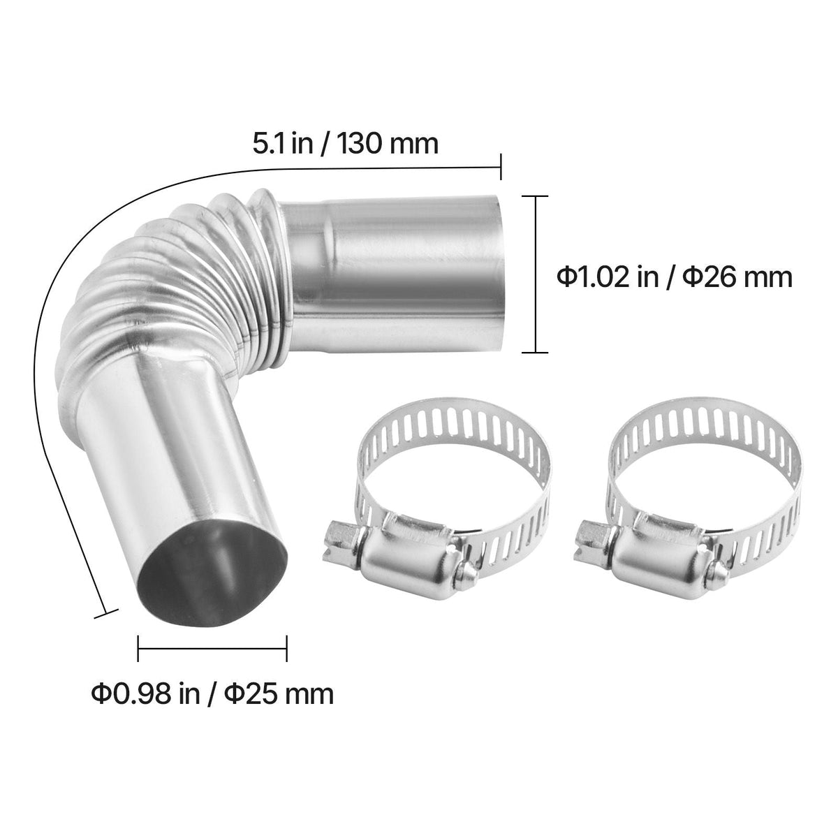 Exhaust Pipe Tube Elbow Connector, 0.98 inch Diesel Heater Exhaust Elbow, Air Parking Heater Exhausts Pipe Tube Elbows Connector 2 Clamps for 2KW 5KW 8KW Diesel Heater, 201 Stainless Steel