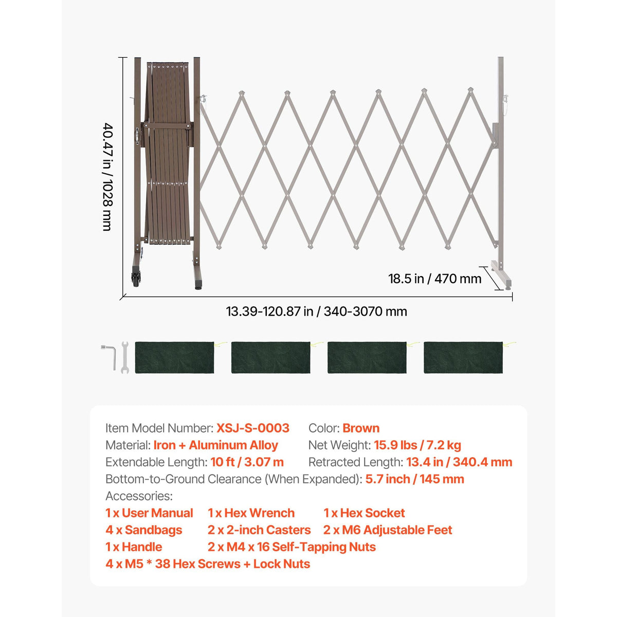Expandable Barricade, 10FT Expandable Safety Barrier, Flexible Mobile Barricade with Locking Casters, Portable Folding Security Gate Metal Traffic Fence for Patio Garden Stairway