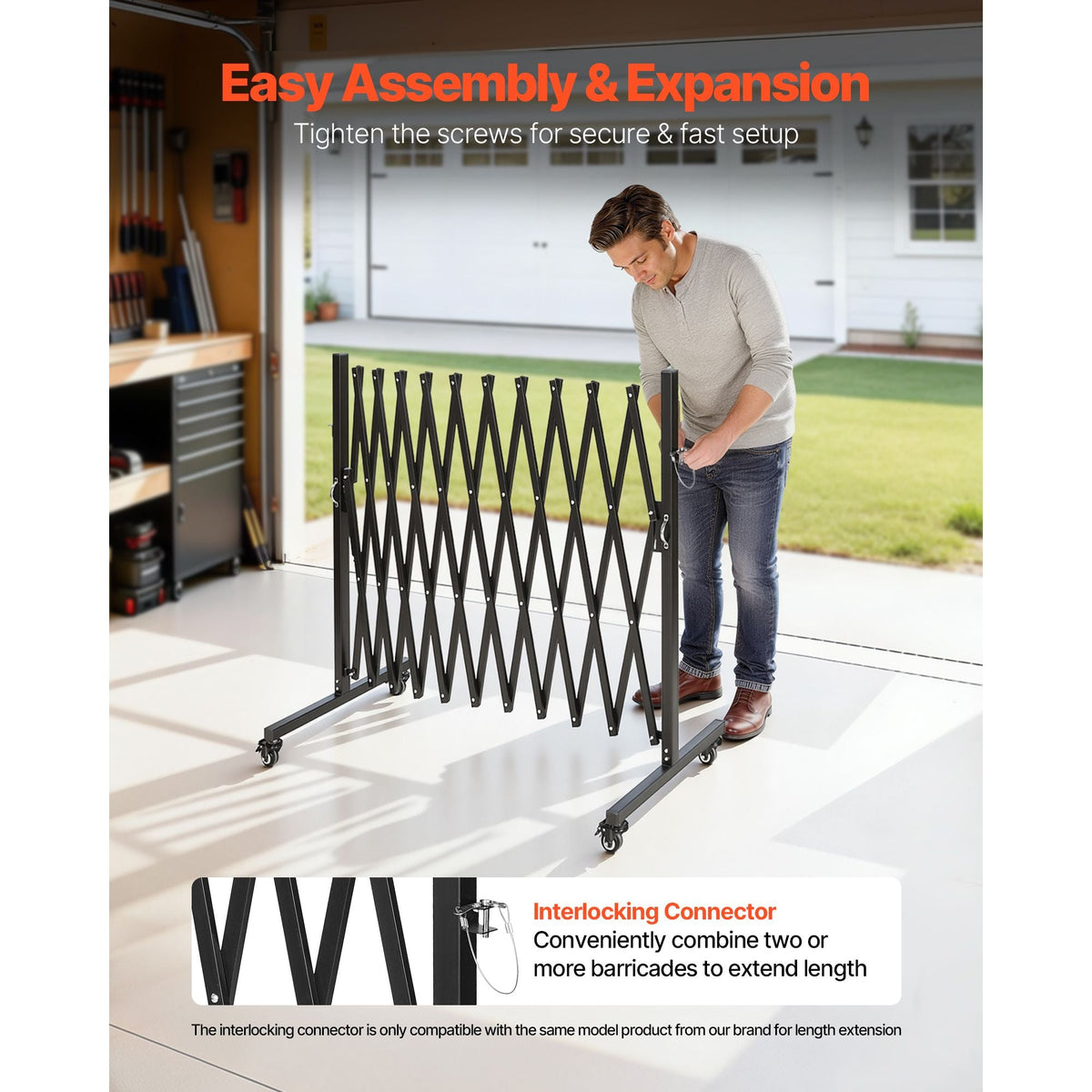 Expandable Barricade, 11FT Expandable Safety Barrier, Flexible Mobile Barricade with Locking Casters, Portable Folding Security Gate Metal Traffic Fence for Patio Garden Stairway