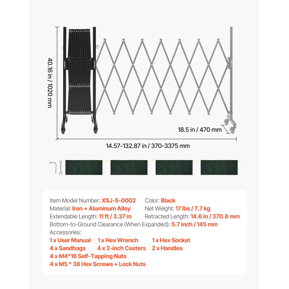 Expandable Barricade, 11FT Expandable Safety Barrier, Flexible Mobile Barricade with Locking Casters, Portable Folding Security Gate Metal Traffic Fence for Patio Garden Stairway