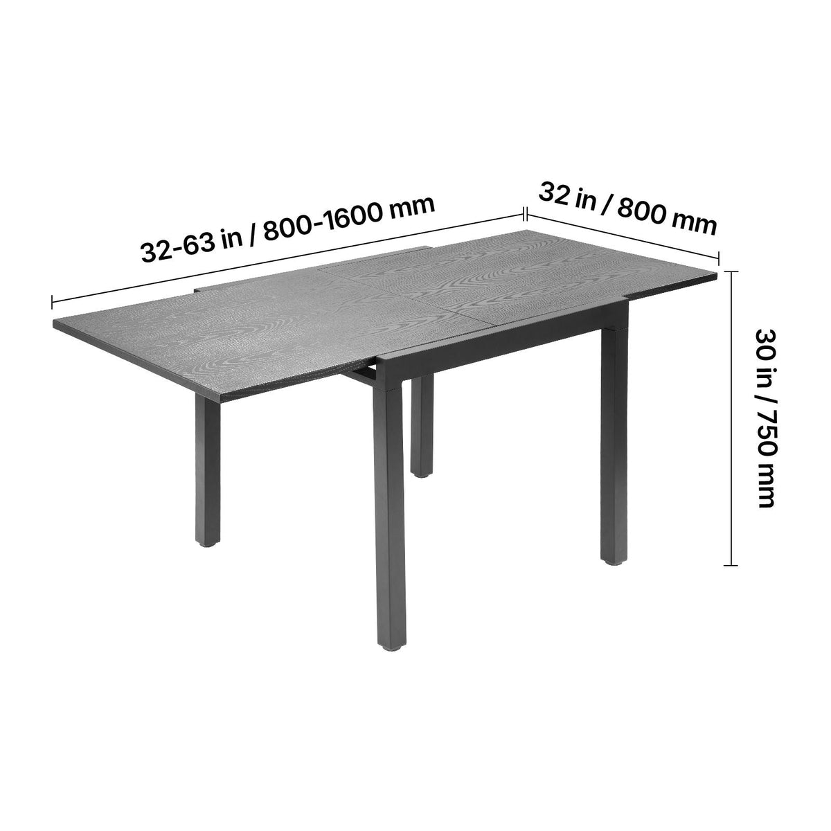 Expandable Outdoor Patio Dining Table, 32–63 inch Rectangular Backyard Bistro Tables for 4-6, Aluminum Frame Metal Steel Slat , All-Weather Large Furniture for Lawn Garden Porch, Dark Gray