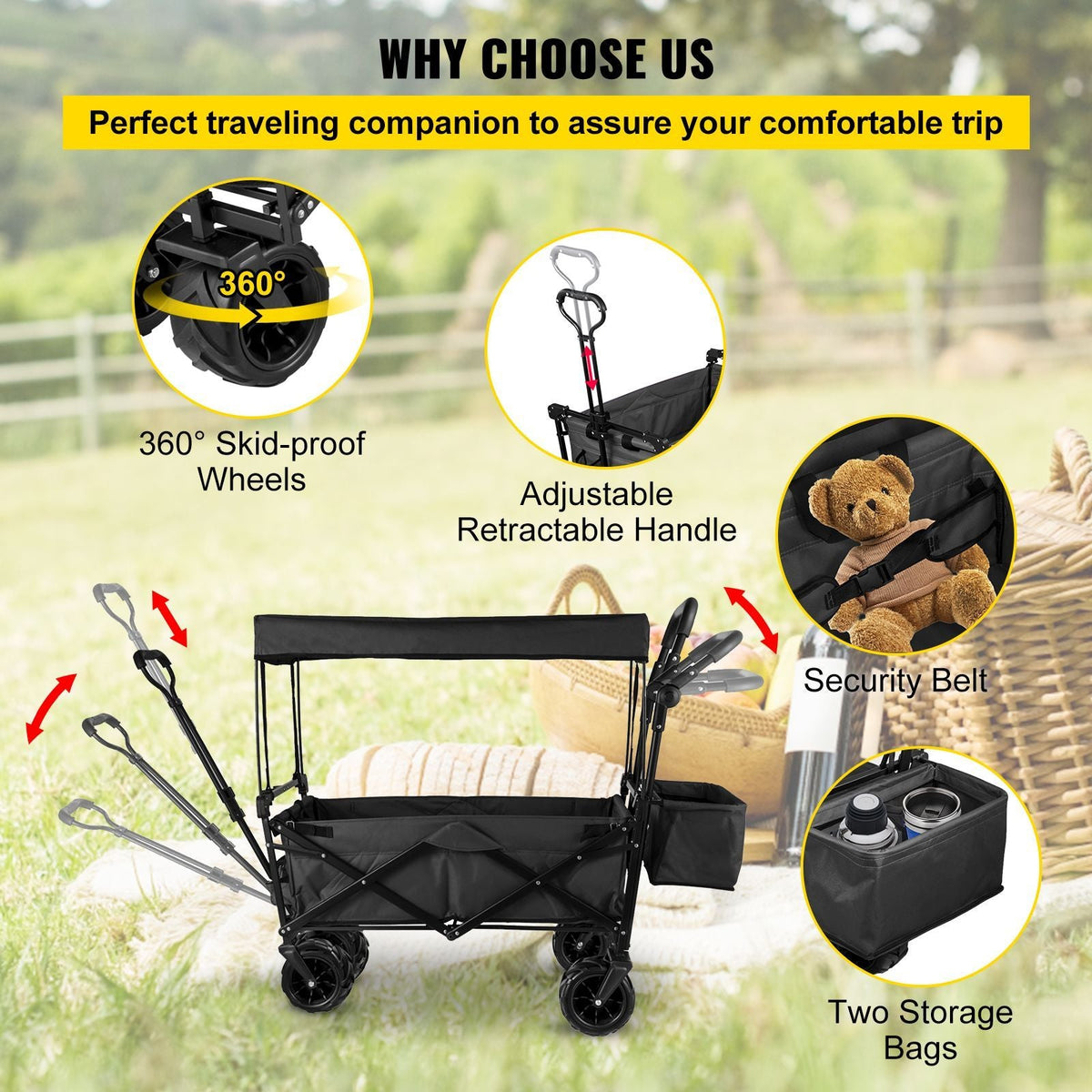 Extra Large Collapsible Garden Cart with Removable Canopy, Folding Wagon Utility Carts with Wheels and Rear Storage, Wagon Cart for Garden, Camping, Grocery Cart, Shopping Cart, Black