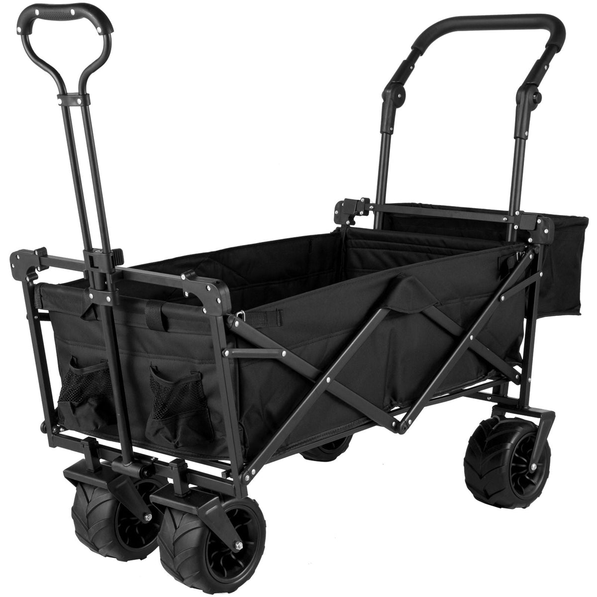Extra Large Collapsible Garden Cart with Removable Canopy, Folding Wagon Utility Carts with Wheels and Rear Storage, Wagon Cart for Garden, Camping, Grocery Cart, Shopping Cart, Black