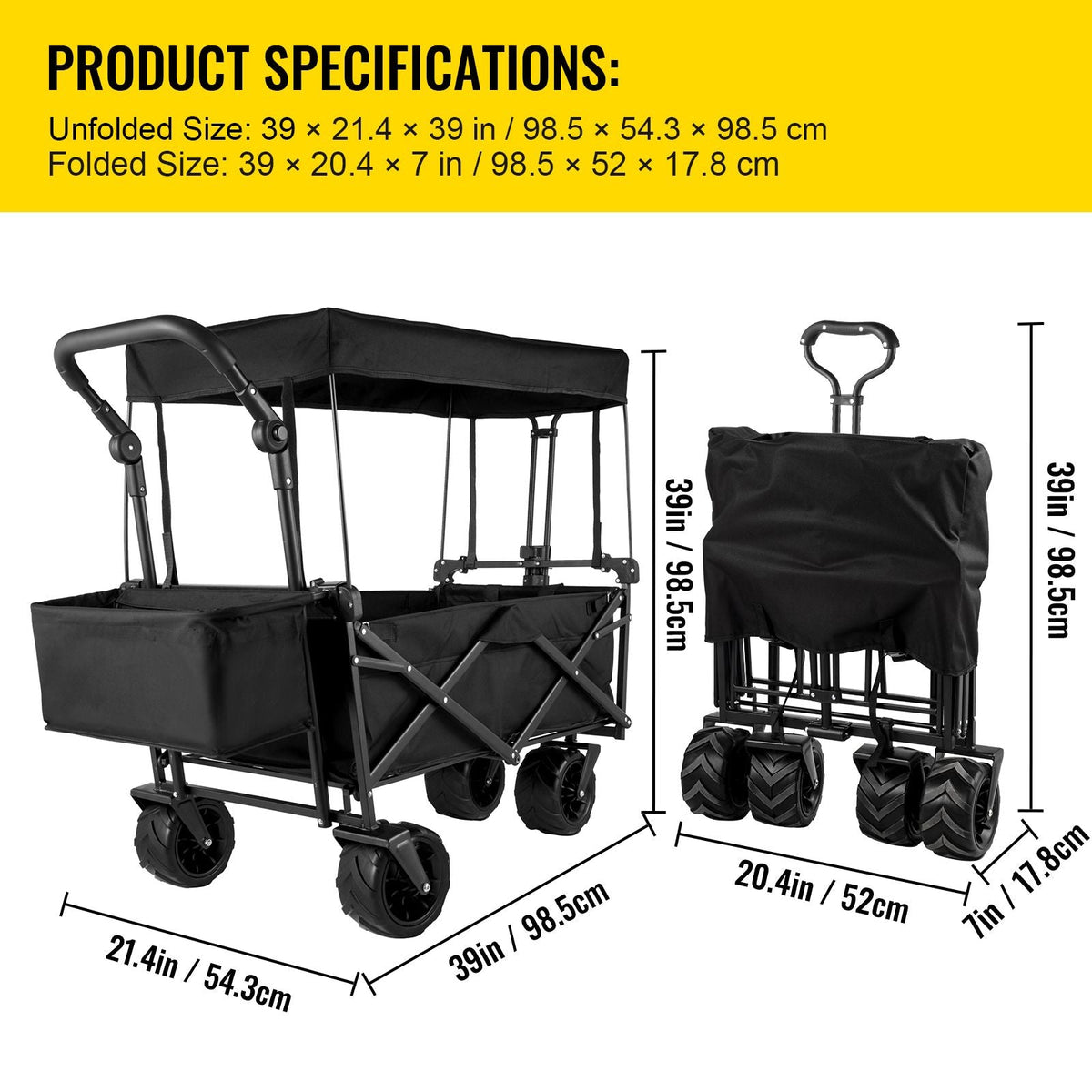 Extra Large Collapsible Garden Cart with Removable Canopy, Folding Wagon Utility Carts with Wheels and Rear Storage, Wagon Cart for Garden, Camping, Grocery Cart, Shopping Cart, Black