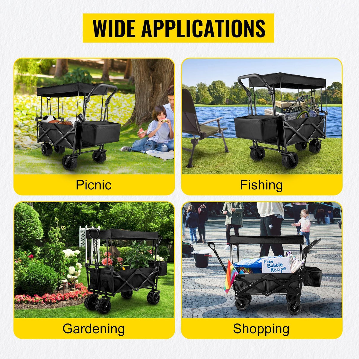 Extra Large Collapsible Garden Cart with Removable Canopy, Folding Wagon Utility Carts with Wheels and Rear Storage, Wagon Cart for Garden, Camping, Grocery Cart, Shopping Cart, Black