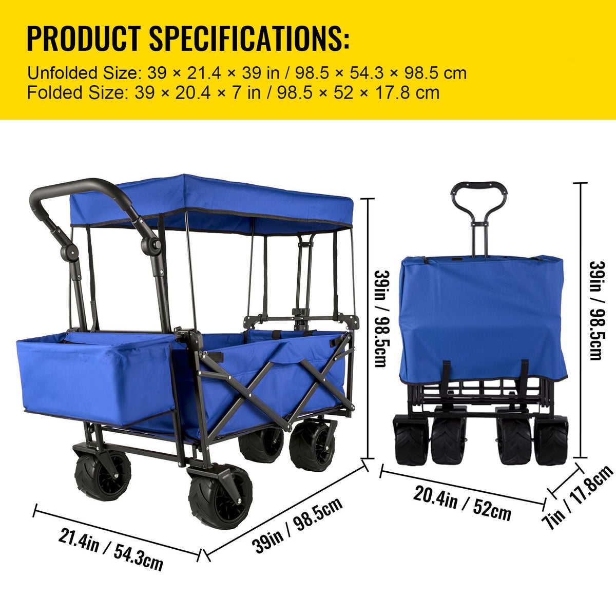 Extra Large Collapsible Garden Cart with Removable Canopy, Folding Wagon Utility Carts with Wheels and Rear Storage, Wagon Cart for Garden, Camping, Grocery Cart, Shopping Cart, Blue