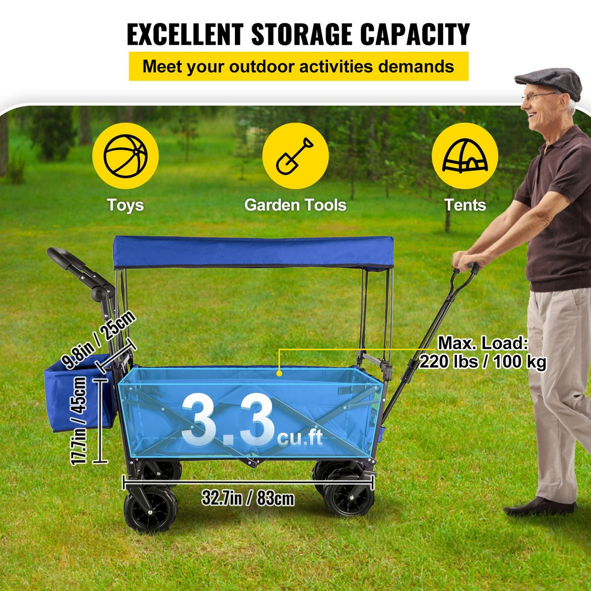 Extra Large Collapsible Garden Cart with Removable Canopy, Folding Wagon Utility Carts with Wheels and Rear Storage, Wagon Cart for Garden, Camping, Grocery Cart, Shopping Cart, Blue