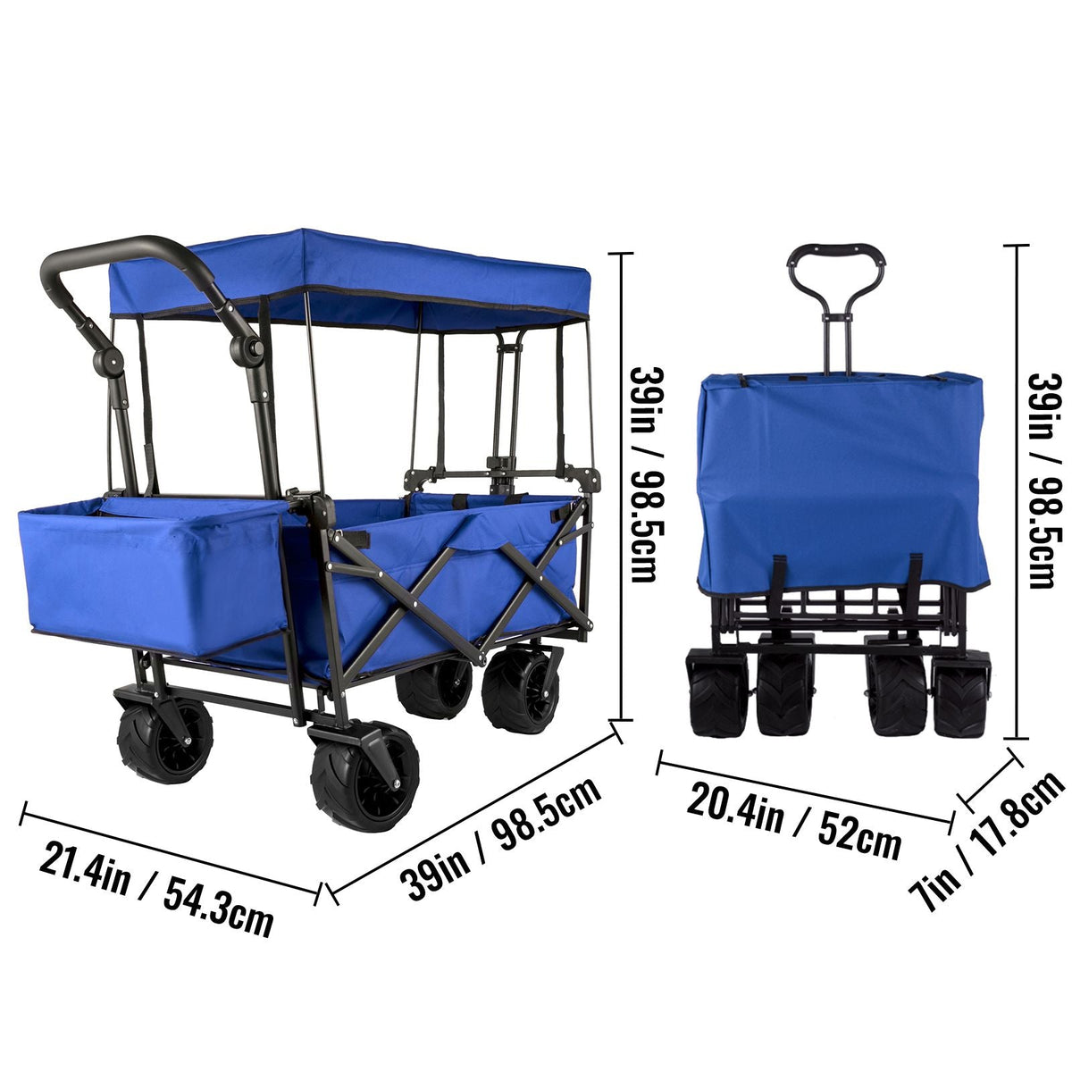 Extra Large Collapsible Garden Cart with Removable Canopy, Folding Wagon Utility Carts with Wheels and Rear Storage, Wagon Cart for Garden, Camping, Grocery Cart, Shopping Cart, Blue