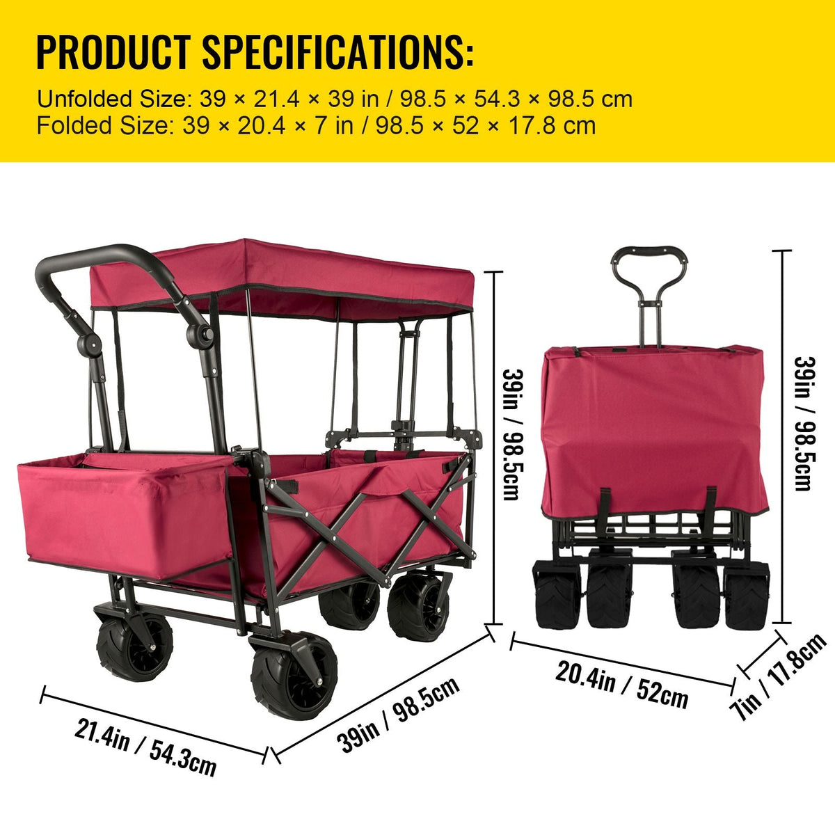Extra Large Collapsible Garden Cart with Removable Canopy, Folding Wagon Utility Carts with Wheels and Rear Storage, Wagon Cart for Garden, Camping, Grocery Cart, Shopping Cart, Red