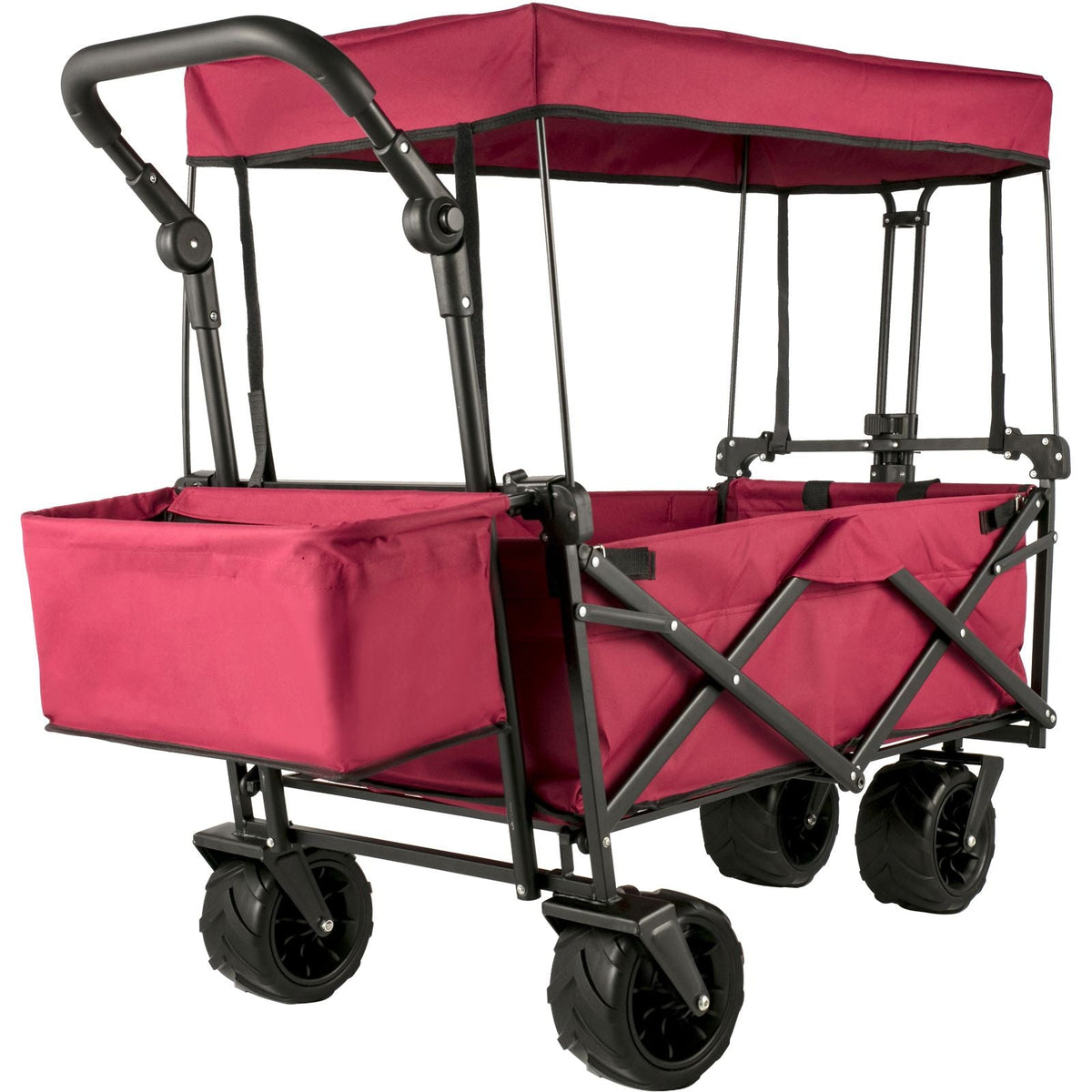 Extra Large Collapsible Garden Cart with Removable Canopy, Folding Wagon Utility Carts with Wheels and Rear Storage, Wagon Cart for Garden, Camping, Grocery Cart, Shopping Cart, Red