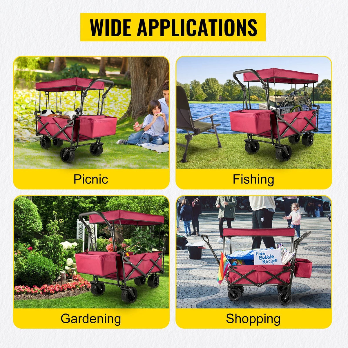 Extra Large Collapsible Garden Cart with Removable Canopy, Folding Wagon Utility Carts with Wheels and Rear Storage, Wagon Cart for Garden, Camping, Grocery Cart, Shopping Cart, Red