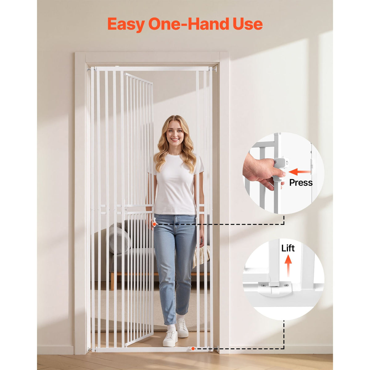 Extra Tall Pet Gate for Cats, 28-34 in Adjustable Width, 78.7 in High Dog Gate, with Pressure Mount Kit and Wall Mount Kit, 1.2 in Narrow Bar Spacing, for Stairs, Doorways, and House, White