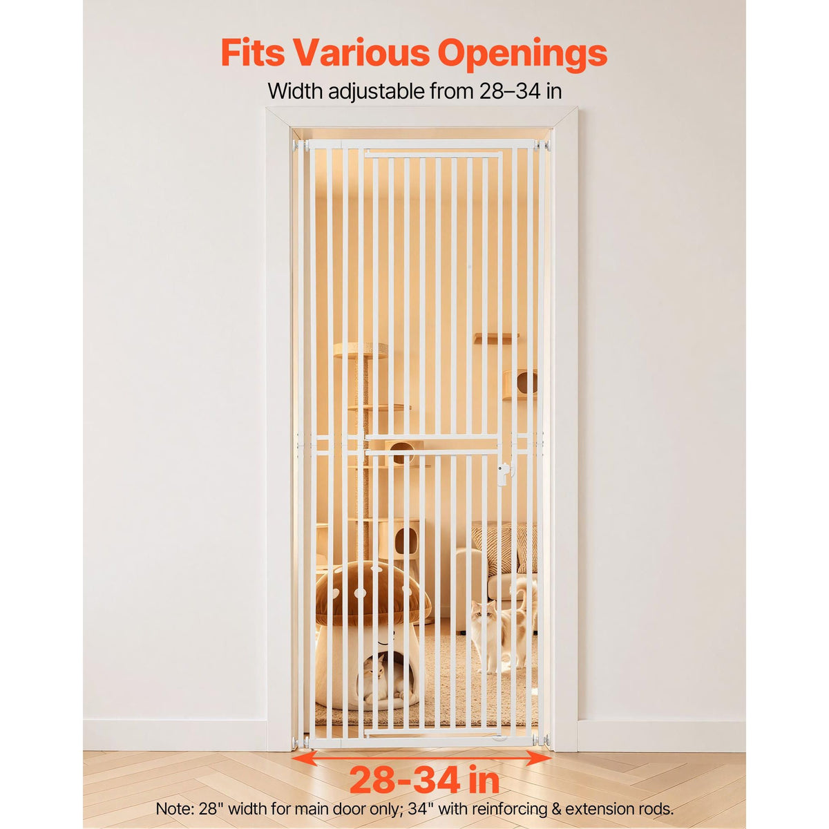 Extra Tall Pet Gate for Cats, 28-34 in Adjustable Width, 78.7 in High Dog Gate, with Pressure Mount Kit and Wall Mount Kit, 1.2 in Narrow Bar Spacing, for Stairs, Doorways, and House, White