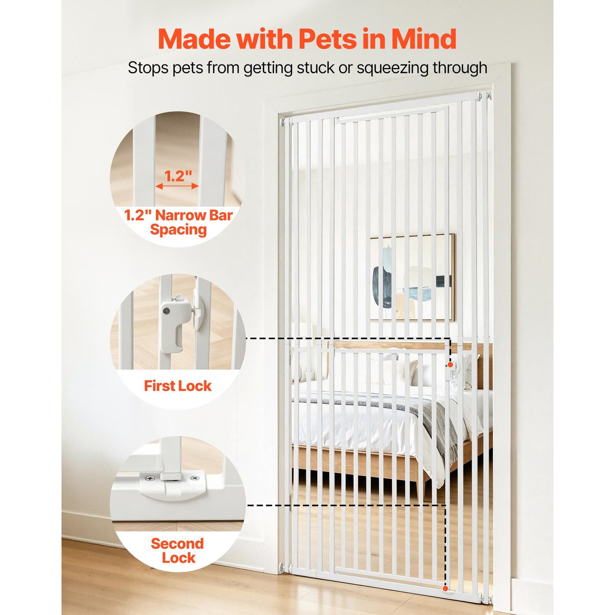 Extra Tall Pet Gate for Cats, 28-34 in Adjustable Width, 78.7 in High Dog Gate, with Pressure Mount Kit and Wall Mount Kit, 1.2 in Narrow Bar Spacing, for Stairs, Doorways, and House, White