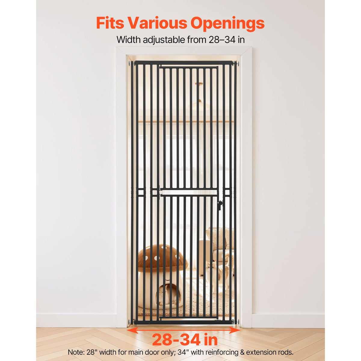 Extra Tall Pet Gate for Cats, 28-34 in Adjustable Width, 78.7 in High Dog Gate, with Pressure Mount Kit and Wall Mount Kit, 1.2 in Narrow Bar Spacing, for Stairs, Doorways, and House, Black