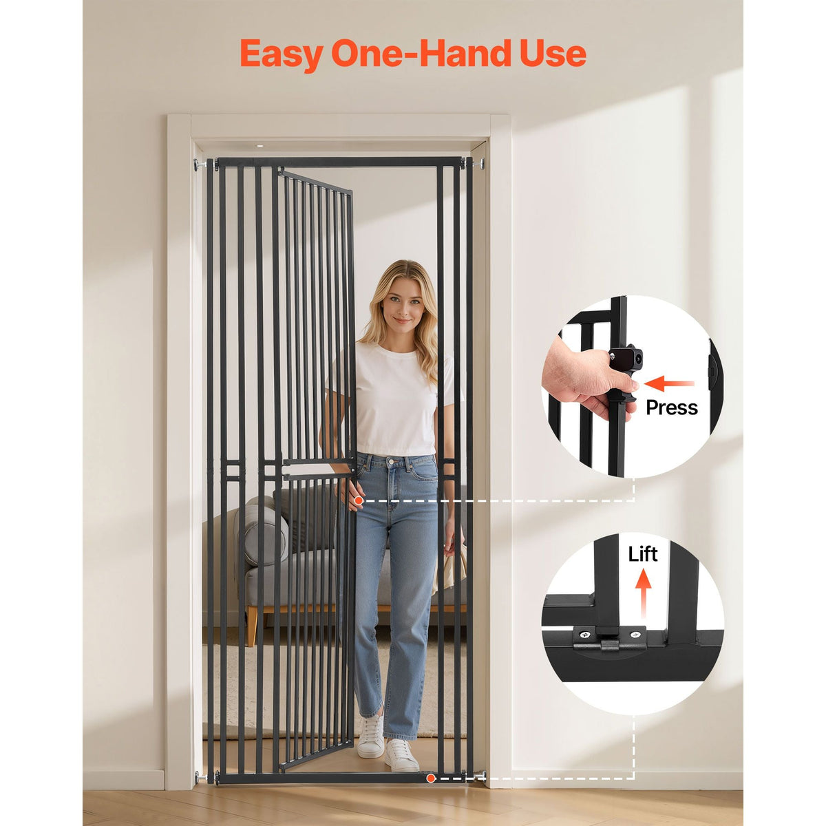 Extra Tall Pet Gate for Cats, 28-34 in Adjustable Width, 78.7 in High Dog Gate, with Pressure Mount Kit and Wall Mount Kit, 1.2 in Narrow Bar Spacing, for Stairs, Doorways, and House, Black